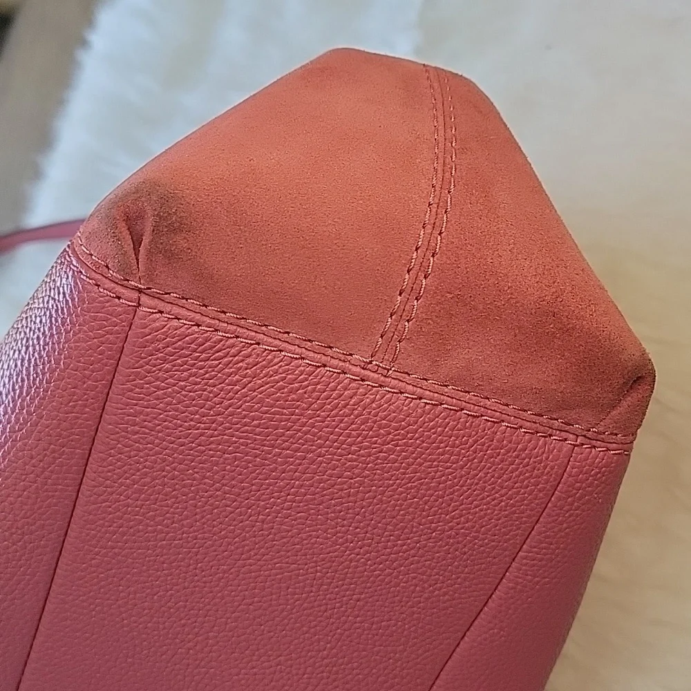 COACH Lexy Large Pink Rose Pebbled Leather‎ Suede Double Handle Shoulder Bag